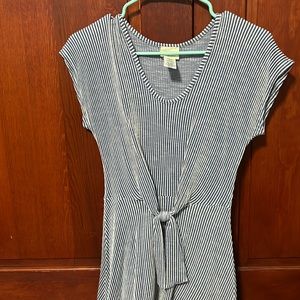 Blue and white striped dress with a tie in the front